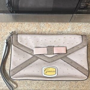 Guess Pink and Taupe Bow Wristlet Clutch with Crystal Accent